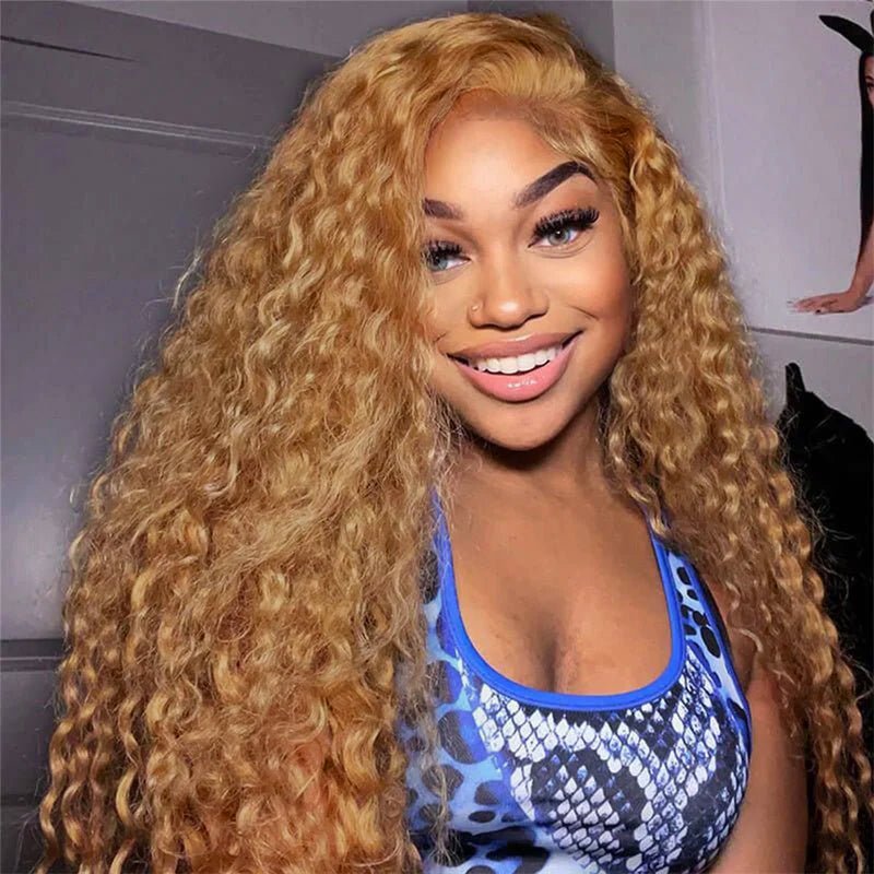 Honey Blonde 13x6 Water Wave Lace Frontal Wigs Human Hair Transparent Lace Frontal Wig Pre Plucked Wat and Wavy Curly Virgin Human Hair Wigs - Lemoda Hair