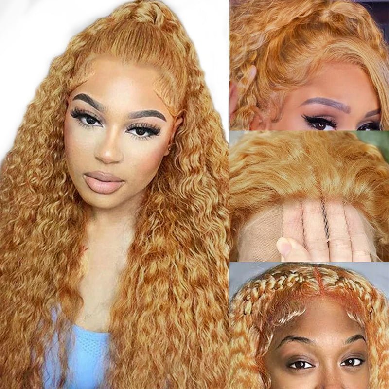 Honey Blonde 13x6 Water Wave Lace Frontal Wigs Human Hair Transparent Lace Frontal Wig Pre Plucked Wat and Wavy Curly Virgin Human Hair Wigs - Lemoda Hair