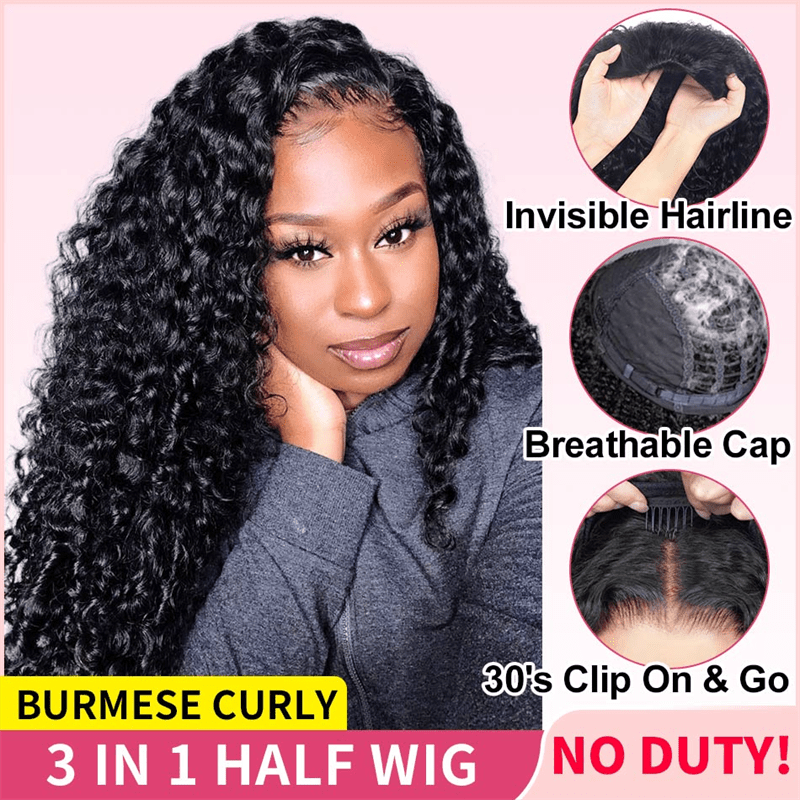 Lemoda 3 In 1 Half Wig Burmese Curly Glueless Flexi - Fit Drawstring Human Hair Wigs - Lemoda Hair