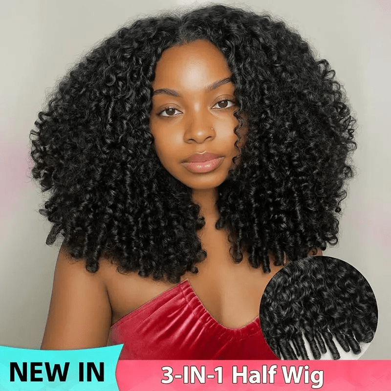 Lemoda 3 In 1 Half Wig Burmese Curly Glueless Flexi-Fit Drawstring Human Hair Wigs - Lemoda Hair