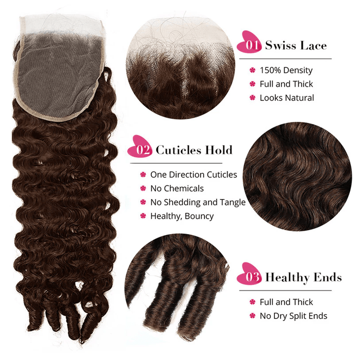 Lemoda 4 Brown Burmese Curly Human Hair 3 Bundles With 4x4 5x5 Transparent Lace Closure - Lemoda Hair