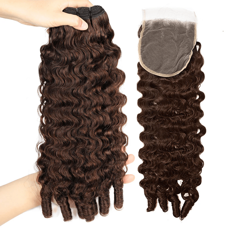 Lemoda 4 Brown Burmese Curly Human Hair 3 Bundles With 4x4 5x5 Transparent Lace Closure - Lemoda Hair