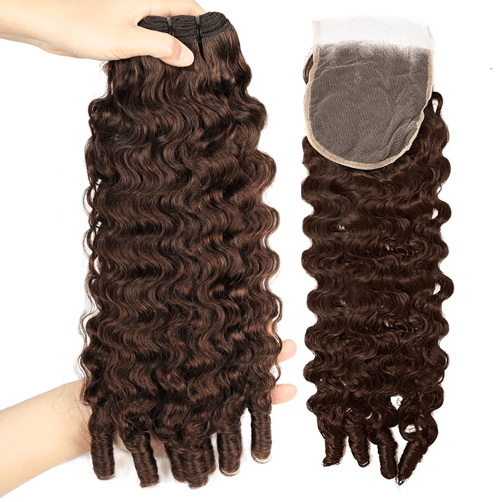 Lemoda 4 Brown Burmese Curly Human Hair 3 Bundles With 4x4 5x5 Transparent Lace Closure - Lemoda Hair