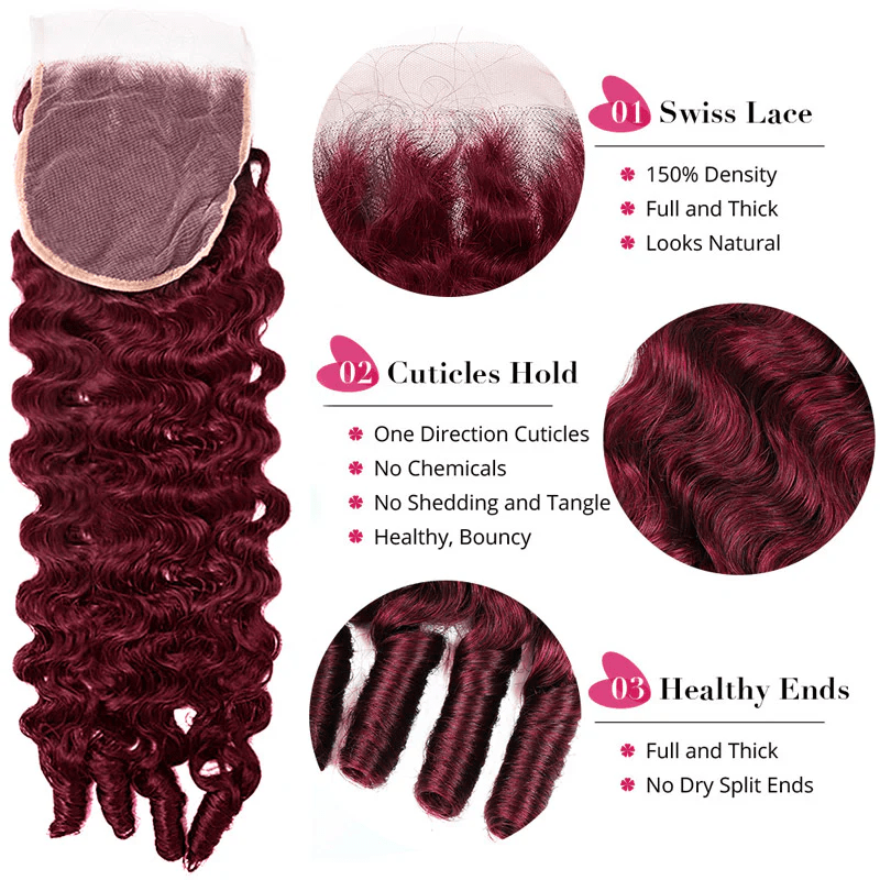 Lemoda 99J Burgundy Burmese Curly 3 Bundles With 4x4 5x5 Lace Closure Human Hair Weave - Lemoda Hair