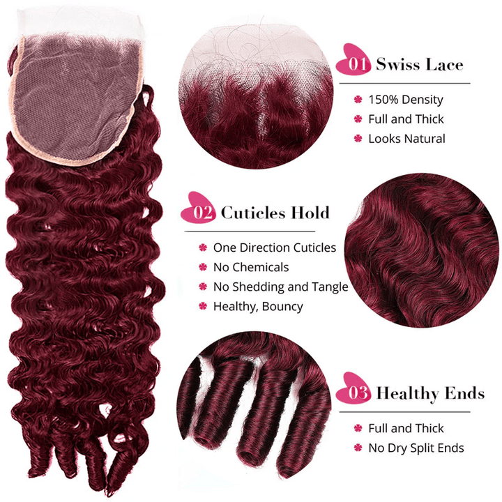 Lemoda 99J Burgundy Burmese Curly 3 Bundles With 4x4 5x5 Lace Closure Human Hair Weave - Lemoda Hair
