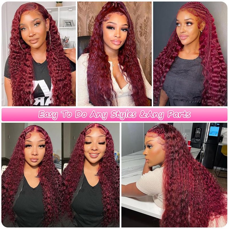 Lemoda 99J Deep Wave 4x4 Lace Closure Wig Pre Plucked HD Transparent Human Hair Wigs 5x5 6x6 Lace - Lemoda Hair