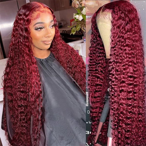 Lemoda 99J Deep Wave 4x4 Lace Closure Wig Pre Plucked HD Transparent Human Hair Wigs 5x5 6x6 Lace - Lemoda Hair