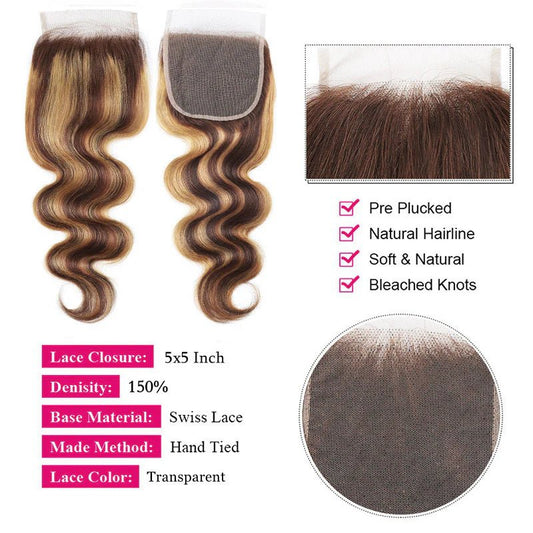 Lemoda Body Wave 5x5 Lace Closure P4/27 Highlight Straight Hair Transparent HD Frontal Closure - Lemoda Hair