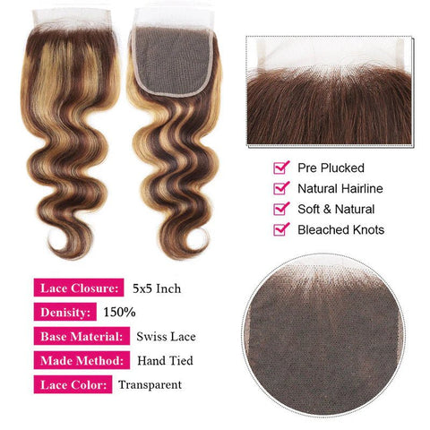 Lemoda Body Wave 5x5 Lace Closure P4/27 Highlight Straight Hair Transparent HD Frontal Closure - Lemoda Hair
