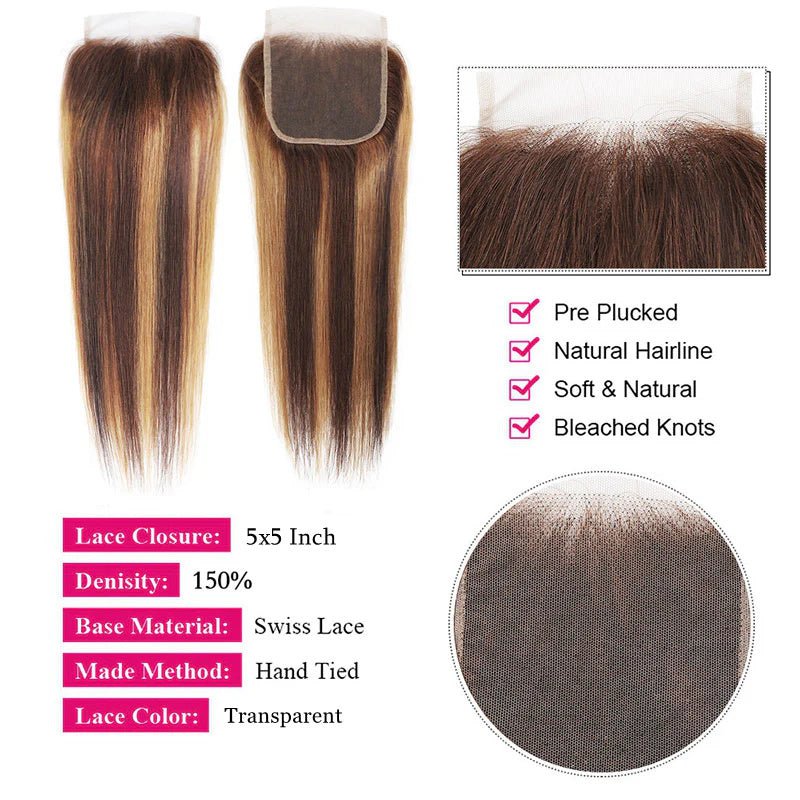 Lemoda Body Wave 5x5 Lace Closure P4/27 Highlight Straight Hair Transparent HD Frontal Closure - Lemoda Hair