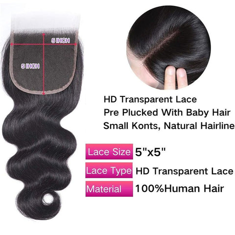 Lemoda Body Wave 5x5 Transparent HD Lace Closure Virgin Human Hair Frontal Closure - Lemoda Hair