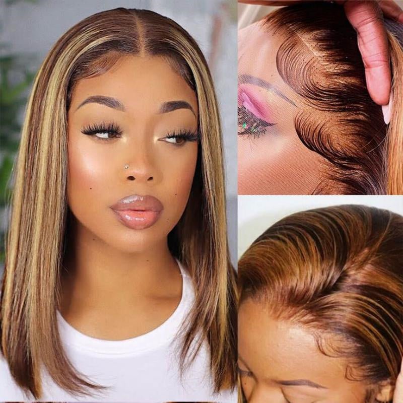 Lemoda Brown Highlight Short Bob Wigs P4/27 Straight Hair 13x4 Lace Front Bob Wigs - Lemoda Hair