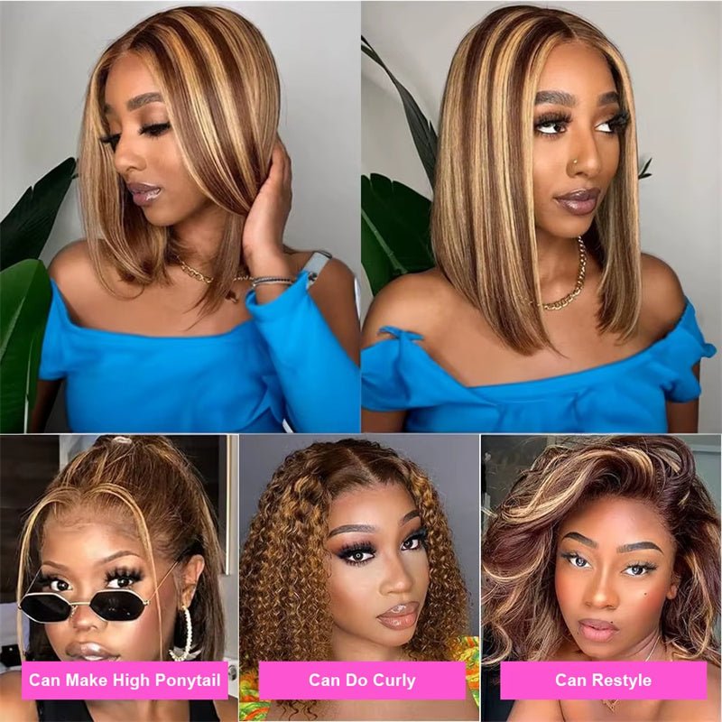 Lemoda Brown Highlight Short Bob Wigs P4/27 Straight Hair 13x4 Lace Front Bob Wigs - Lemoda Hair