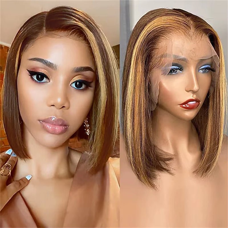 Lemoda Brown Highlight Short Bob Wigs P4/27 Straight Hair 13x4 Lace Front Bob Wigs - Lemoda Hair