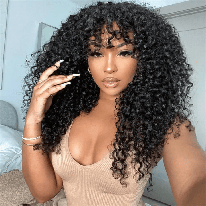 Lemoda Burmese Curly Human Hair Wig With Bangs Natural Color Human Hair Glueless Wigs - Lemoda Hair