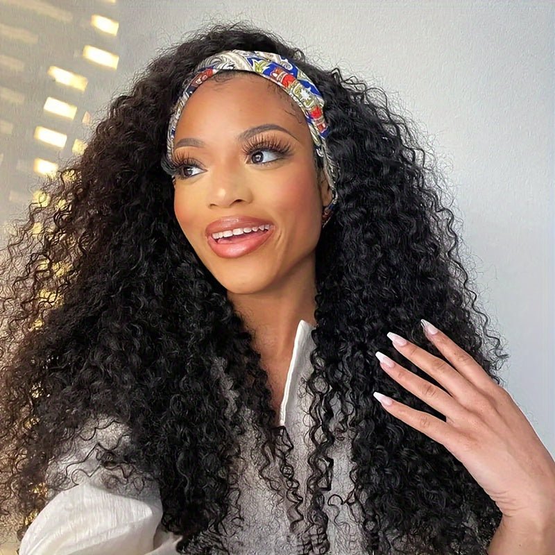 Lemoda Curly Wave Headband Wigs With Scarf Natural Black Glueless Human Hair Wig No Sew In - Lemoda Hair