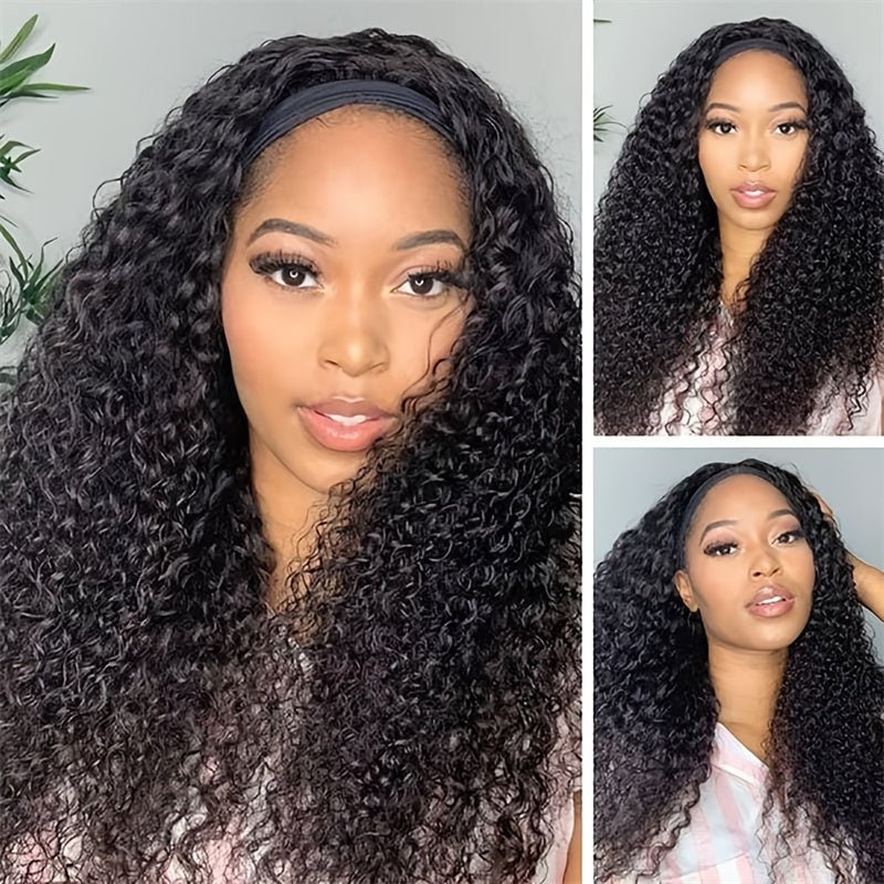 Lemoda Curly Wave Headband Wigs With Scarf Natural Black Glueless Human Hair Wig No Sew In - Lemoda Hair