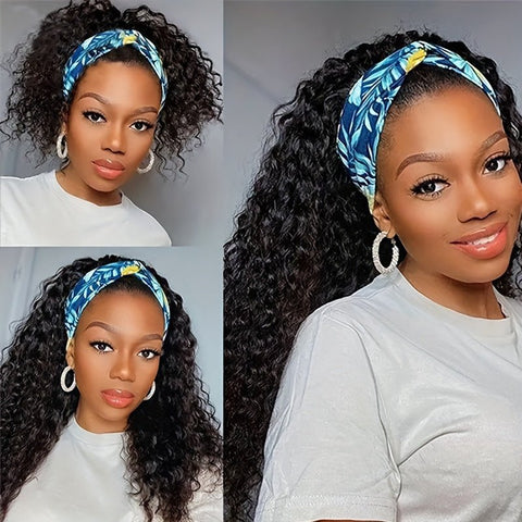 Lemoda Curly Wave Headband Wigs With Scarf Natural Black Glueless Human Hair Wig No Sew In - Lemoda Hair