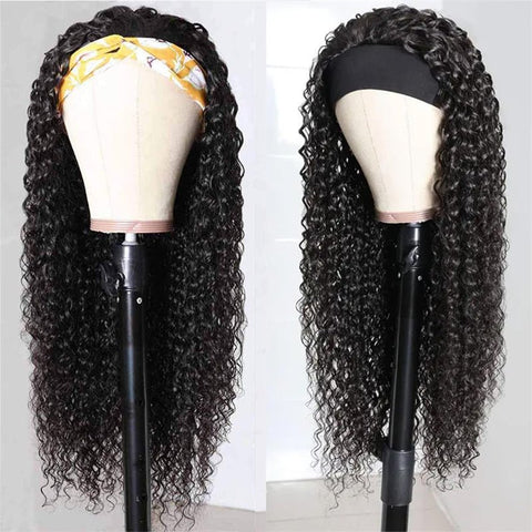 Lemoda Curly Wave Headband Wigs With Scarf Natural Black Glueless Human Hair Wig No Sew In - Lemoda Hair