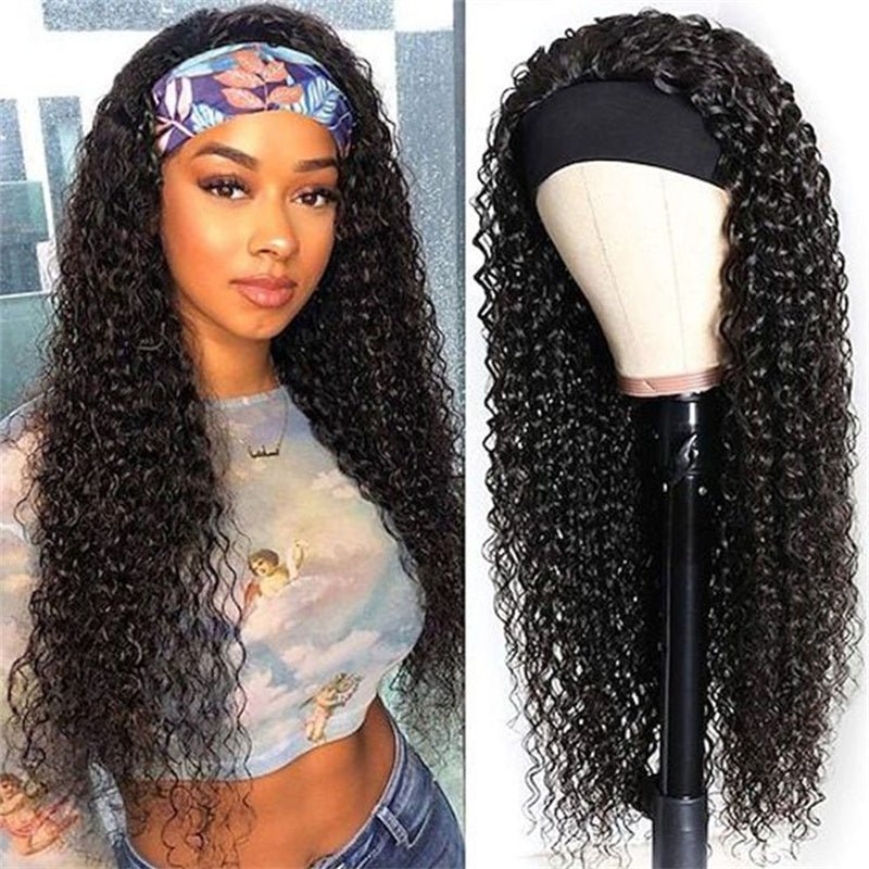 Lemoda Curly Wave Headband Wigs With Scarf Natural Black Glueless Human Hair Wig No Sew In - Lemoda Hair