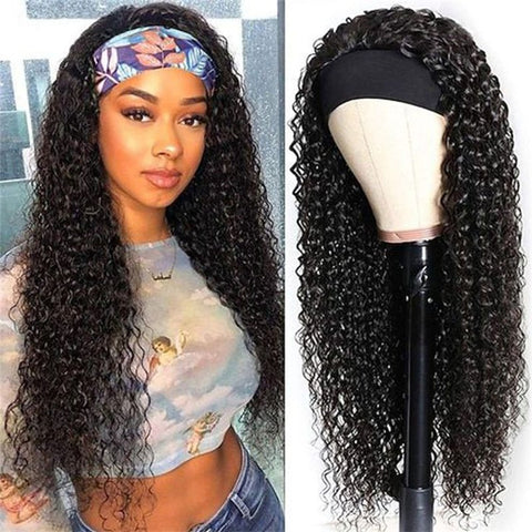 Lemoda Curly Wave Headband Wigs With Scarf Natural Black Glueless Human Hair Wig No Sew In - Lemoda Hair