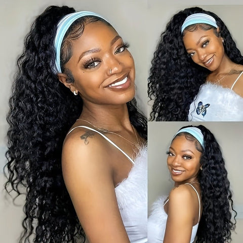 Lemoda Hair Water Wave Glueless Human Hair Wigs Headband Scarf Wig Natural Color - Lemoda Hair