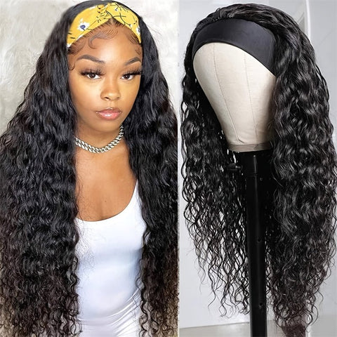 Lemoda Hair Water Wave Glueless Human Hair Wigs Headband Scarf Wig Natural Color - Lemoda Hair