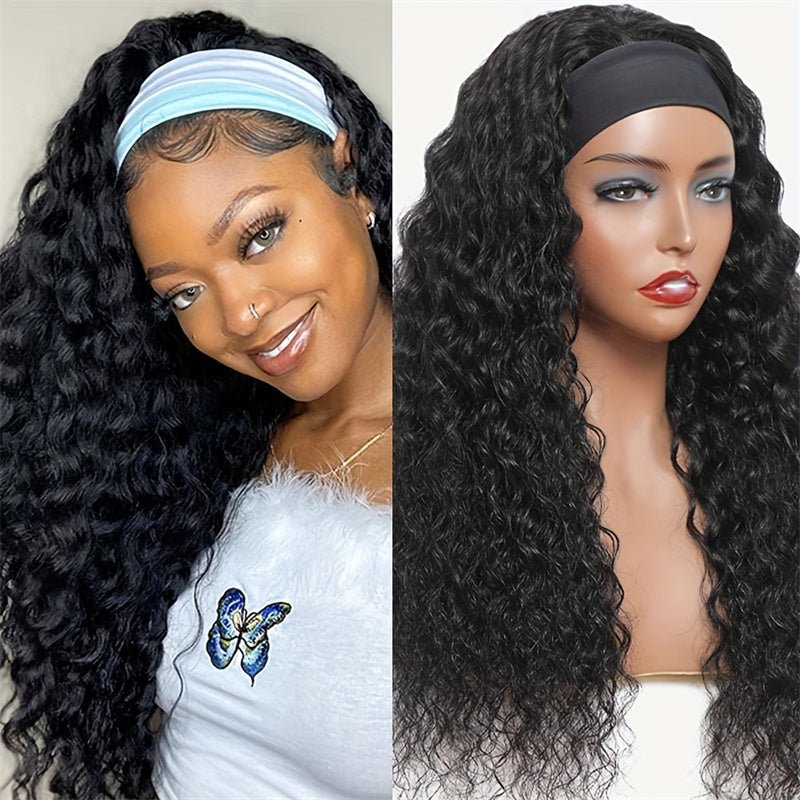 Lemoda Hair Water Wave Glueless Human Hair Wigs Headband Scarf Wig Natural Color - Lemoda Hair