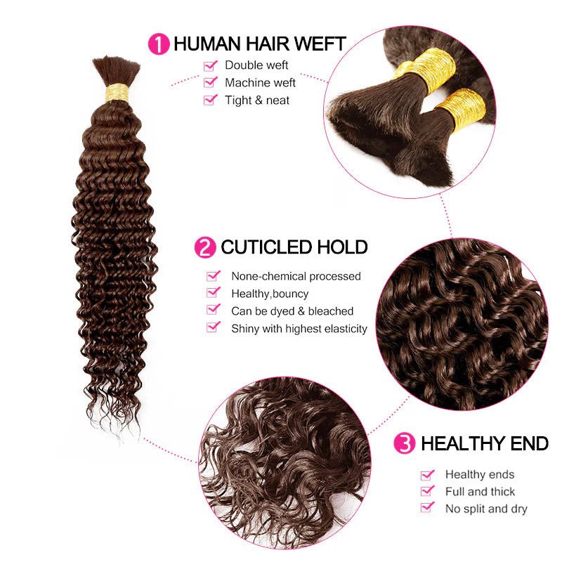 Lemoda Human Braiding Hair for Boho Braids #4 Chocolate Brown Deep Wave Bulk Human Hair for Braiding No Weft - Lemoda Hair