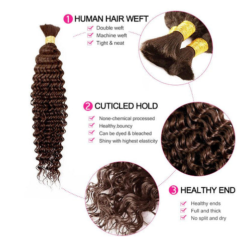 Lemoda Human Braiding Hair for Boho Braids #4 Chocolate Brown Deep Wave Bulk Human Hair for Braiding No Weft - Lemoda Hair