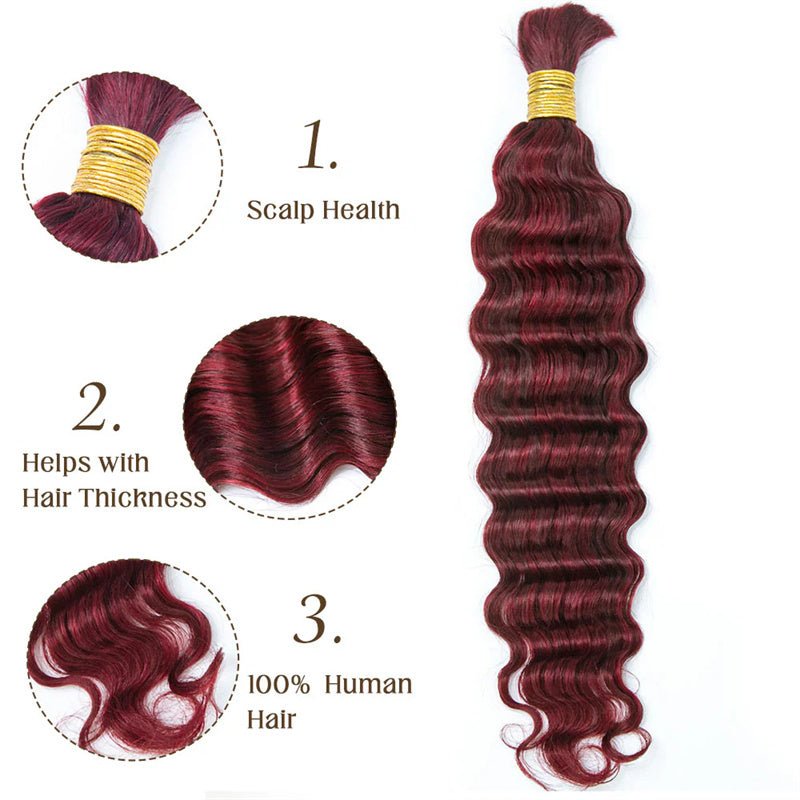 Lemoda Human Braiding Hair for Boho Braids 99J Burgundy Deep Wave Bulk Human Hair for Braiding - Lemoda Hair