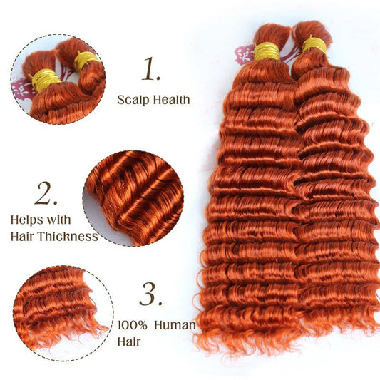 Lemoda Human Braiding Hair Ginger Orange Deep Wave Human Bulk Hair for Boho Braids Wet and Wavy Braids Extensions - Lemoda Hair