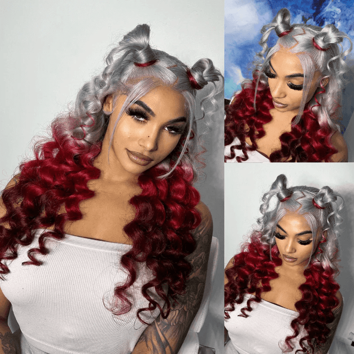 Lemoda Loose Body 13x6 Lace Front Wig Halloween Cosplay Ombre Gray Red Human Hair Wigs - Lemoda Hair