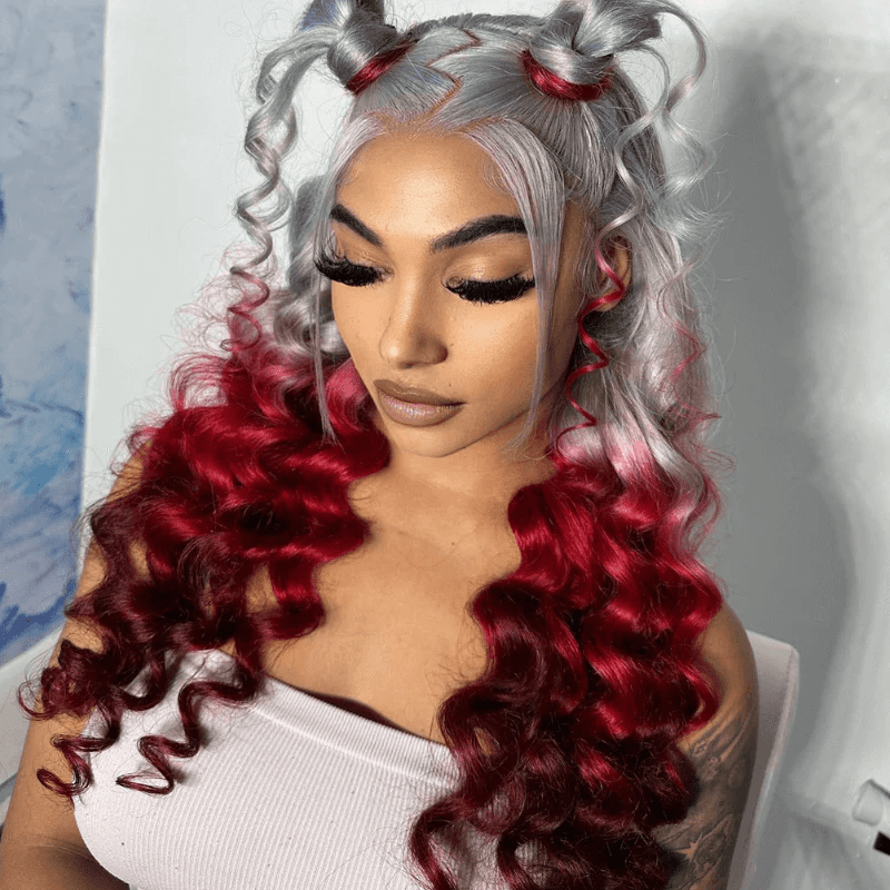 Lemoda Loose Body 13x6 Lace Front Wig Halloween Cosplay Ombre Gray Red Human Hair Wigs - Lemoda Hair