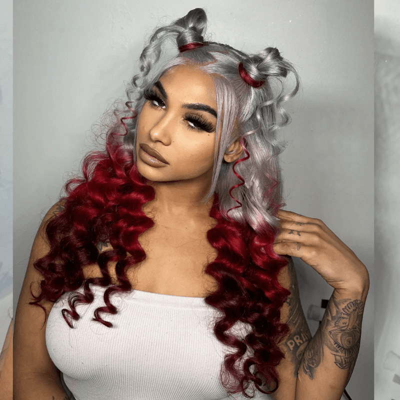 Lemoda Loose Body 13x6 Lace Front Wig Halloween Cosplay Ombre Gray Red Human Hair Wigs - Lemoda Hair