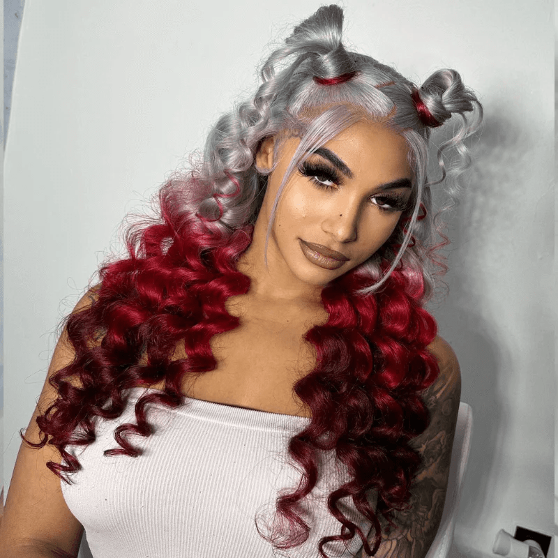 Lemoda Loose Body 13x6 Lace Front Wig Halloween Cosplay Ombre Gray Red Human Hair Wigs - Lemoda Hair