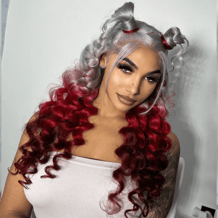 Lemoda Loose Body 13x6 Lace Front Wig Halloween Cosplay Ombre Gray Red Human Hair Wigs - Lemoda Hair
