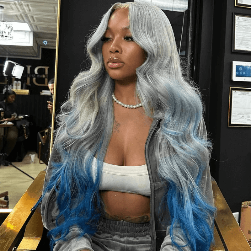 Lemoda Ombre Gray Blue 13x6 Lace Frontal Wig Body Wave Human Hair Wigs 180% - Lemoda Hair