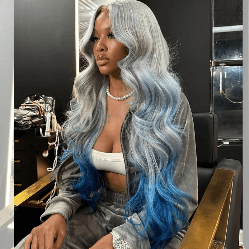 Lemoda Ombre Gray Blue 13x6 Lace Frontal Wig Body Wave Human Hair Wigs 180% - Lemoda Hair