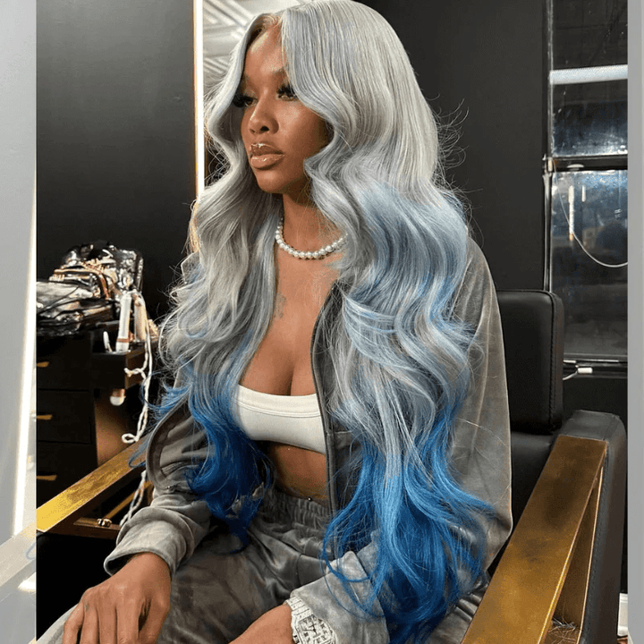 Lemoda Ombre Gray Blue 13x6 Lace Frontal Wig Body Wave Human Hair Wigs 180% - Lemoda Hair