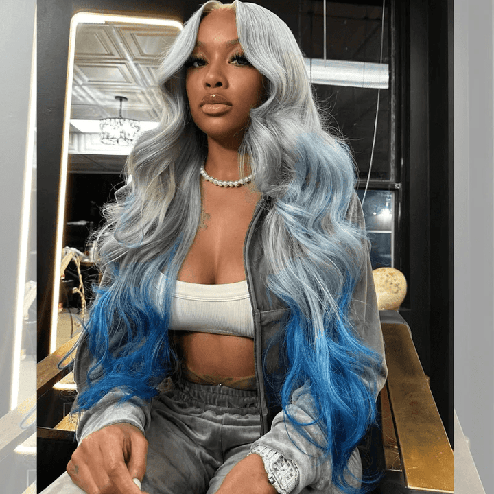 Lemoda Ombre Gray Blue 13x6 Lace Frontal Wig Body Wave Human Hair Wigs 180% - Lemoda Hair