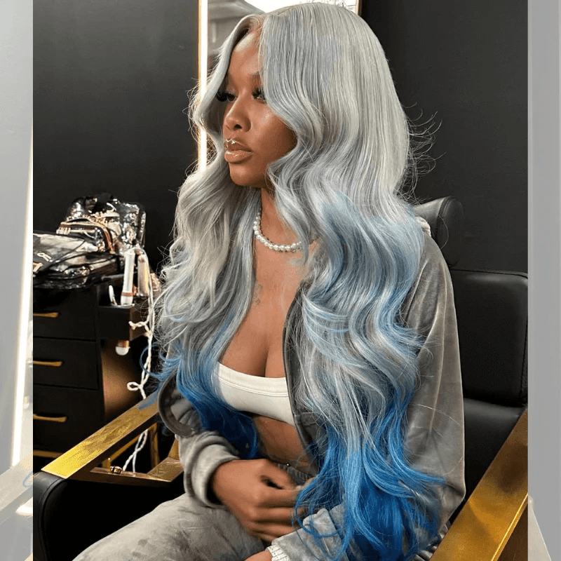 Lemoda Ombre Gray Blue 13x6 Lace Frontal Wig Body Wave Human Hair Wigs 180% - Lemoda Hair