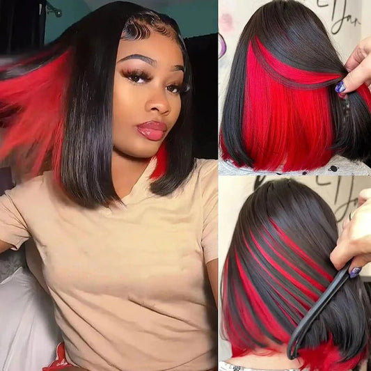 Lemoda Peekaboo Highlights Red Colored Human Hair Bob Wigs HD Transparent 13x4 Lace Front Bob Wig - Lemoda Hair