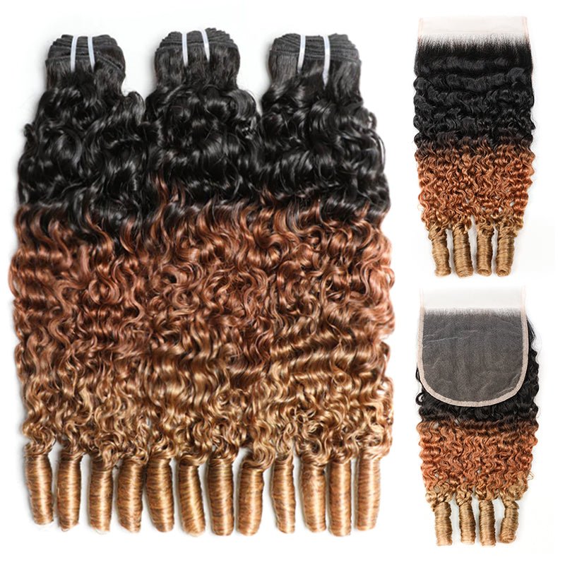 Lemoda T1B/30/27 Ombre Highlight Burmese Curly Human 3 Bundles With 4x4 5x5 Lace Closure - Lemoda Hair