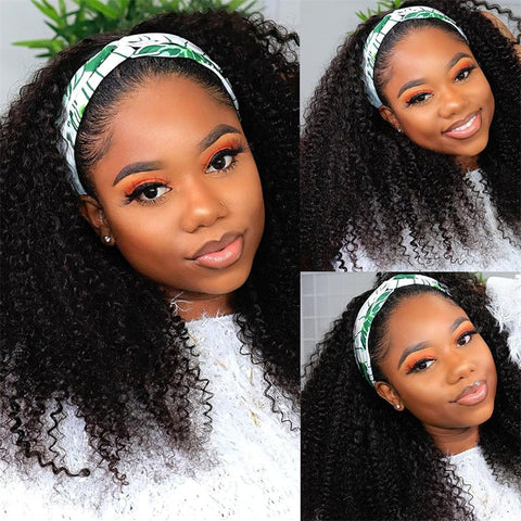 Leomoda Kinky Curly Headband Wig Non Lace Glueless Human Hair Wig Natural Color 150% - Lemoda Hair