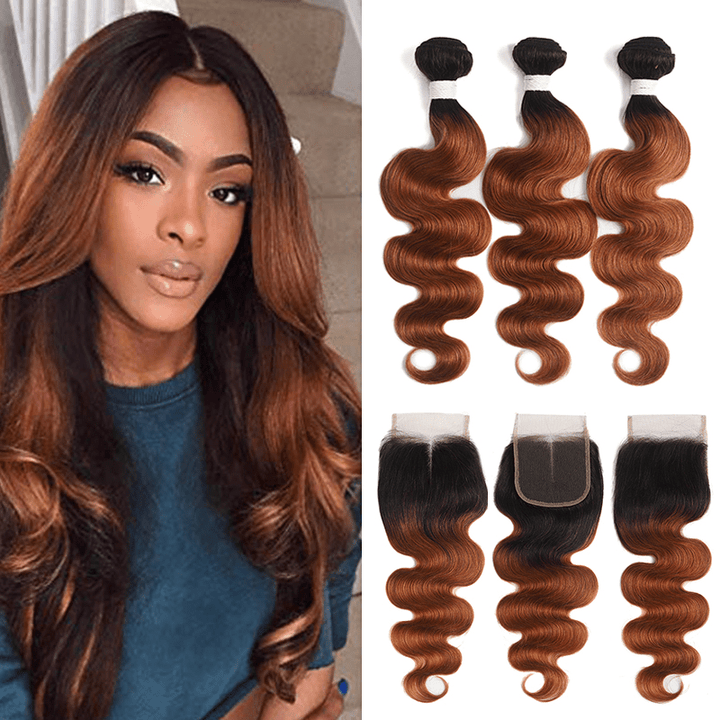 Ombre 1B/30 Body Wave 3 Bundles With Closure 4x4 pre Colored 100% Virgin Human Hair - Lemoda Hair