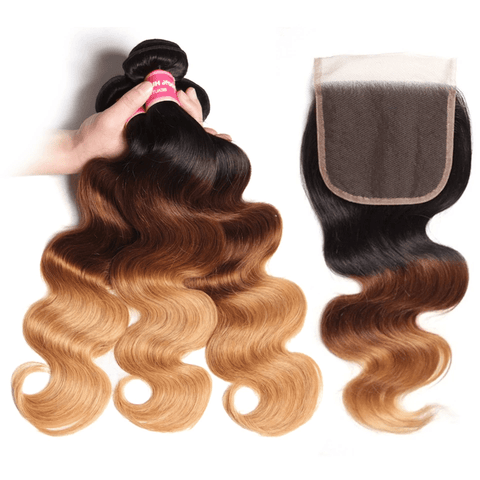 Ombre 1b/4/27 3 Tones Body Wave 3 Bundles with 4X4 lace Closure 100% Real Human Hair - Lemoda Hair