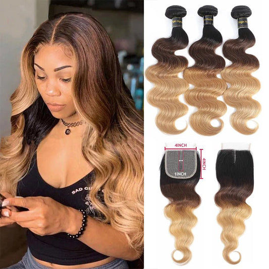 Ombre 1b/4/27 Body Wave 3 Bundles with 4X4 lace Closure 100% Real Human Hair - Lemoda Hair
