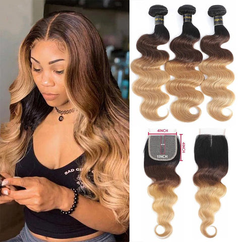 Ombre 1b/4/27 Body Wave 3 Bundles with 4X4 lace Closure 100% Real Human Hair - Lemoda Hair