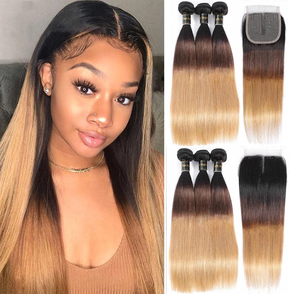 Ombre 1b/4/27 Straight 3 Bundles with 4X4 lace Closure 100% Real Human Hair - Lemoda Hair